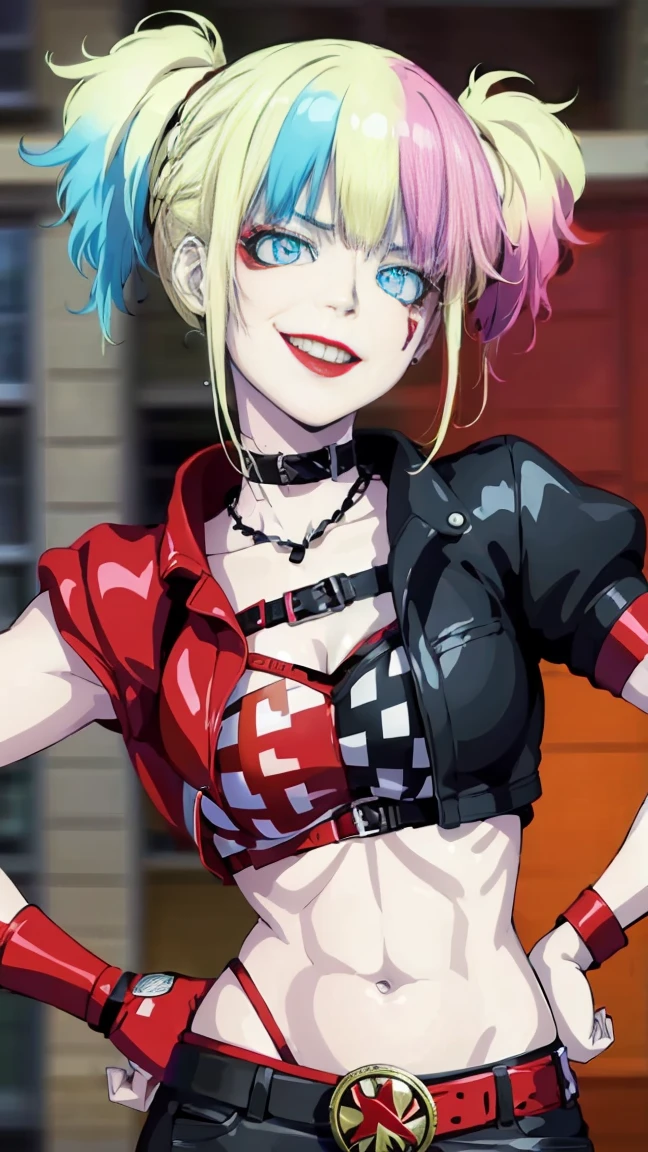 masterpiece, Best quality, A high resolution, 1 girl, hair braided in two short ponytails, very detailed eyes, Fine detail, Correct anatomy 1.1., Harley Quinn from Suicide Squad, open jacket with short sleeves shorts studded belt mesh belt chain gloves bracelet hand on hip, smile, woman, adult girl, real photos、smile, tmasterpiece, (pink kimono), seductive face, Ideal girl, perfect details, Ultra HD |, 8 k, professional photo, anime style,