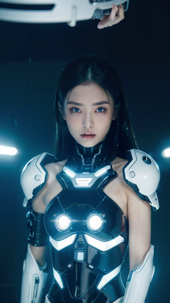 8K,RAW Photos,Highest quality,masterpiece,Realistic、Realistic,woman,Android,cyborg,Terminator,A body made of machines,Age 27,Glamour,whole body ,Long legs,Electronics bones,See-through skin,Glass Skin,Visible electronic systems inside the body,See inside the body,Connection line,whole bodyに光るチューブ,Connected glowing wires,A body made of machines,Wet body,Gray long bob hair,wet hair,messy hair,double eyelid,Big eyes,Glowing LED lamp,Advanced AI, Seamless integration of organic and mechanical elements,息を呑むほど美しいwoman型ヒューマノイドcyborgAndroid,Neon Background,white,transparent,Child-like pose,Underwater Photography,Underwater Photography,mask,Bubble,Detailed face,