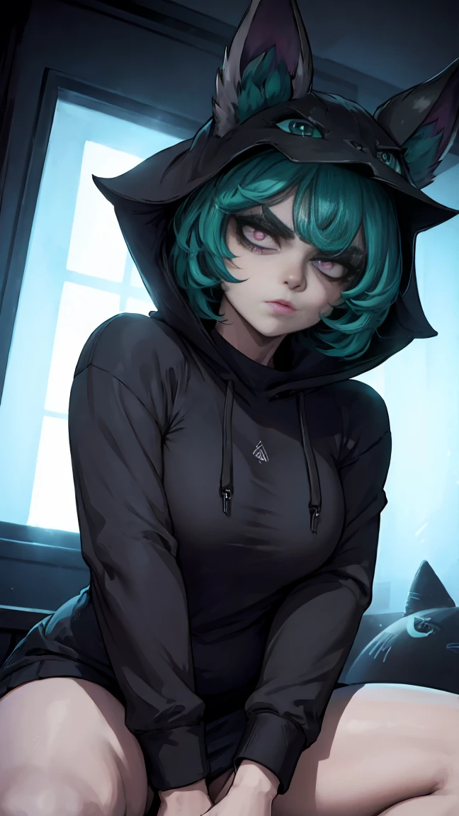 girl, large black sweatshirt, sitting posture, calm look, a dark room, evil eyes, glowing skin, Looking ahead, facial expression