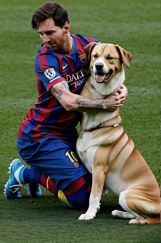 Messi hugging a dog
