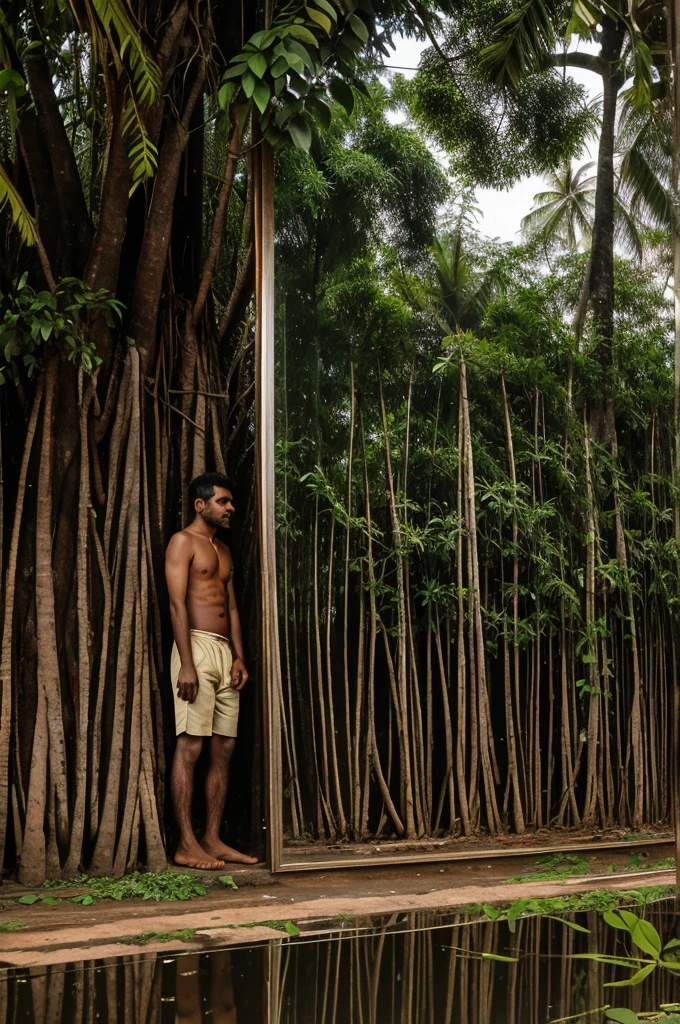 middle aged kerala man urine passed to the cracked mirror on the wall near the banyan tree on the banks of paddy field on a rainy night