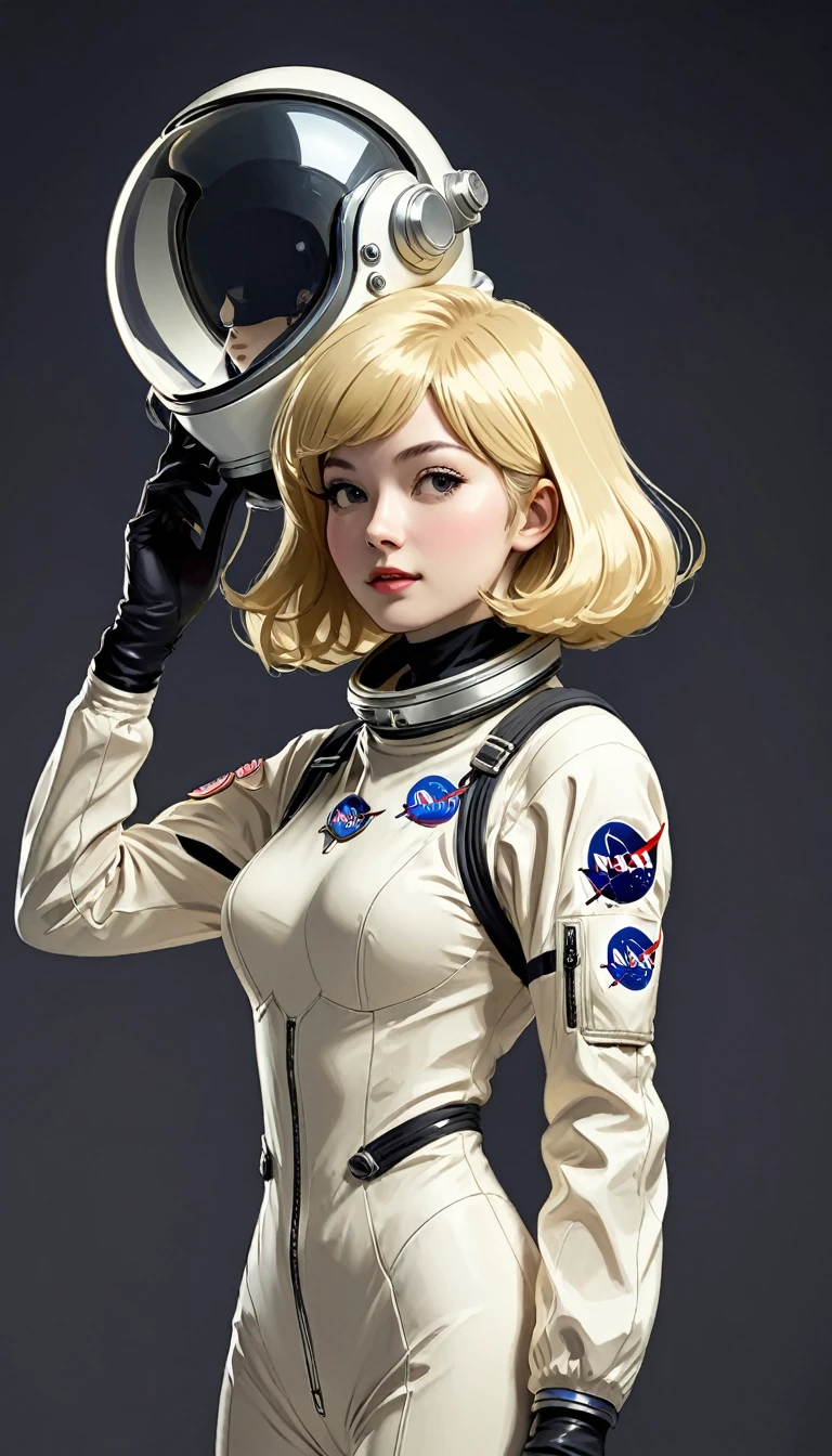 monochromatic、22 years old、woman、Moderate bust、Simple Background、solo、slender、1 person、Superpowers、Small parts floating in the air、Blonde、Bobcut、Upper Body、Retro spacesuit、nasa、Holding a helmet
