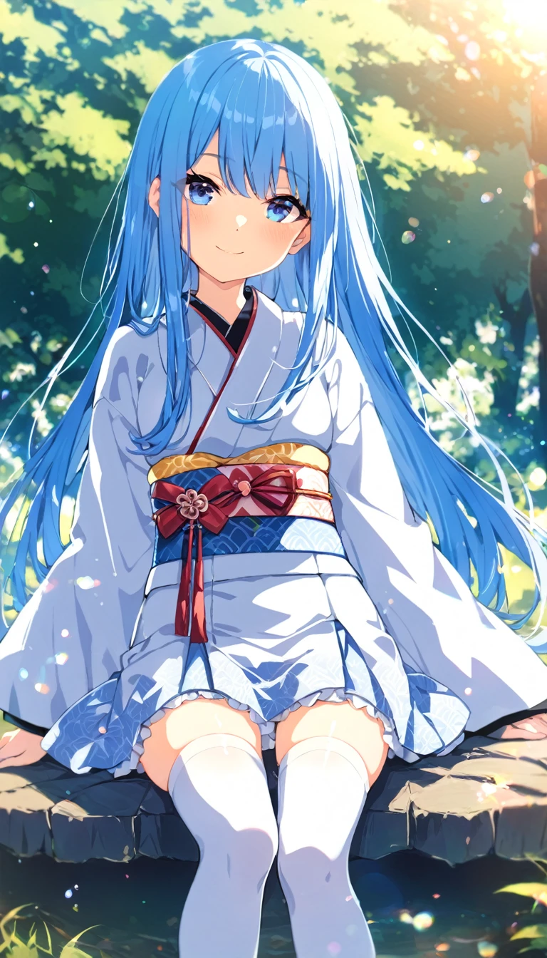 (female): (((solo))), (perfect face), (detailed outfit), (20 years old), beautiful female, sitting, happy, (smiling), blue hair, long hair, blue eyes, (kimono, white thighhighs, zettai ryouiki), afternoon, sunny (effects): (masterpiece), (best quality), (sharp focus), (depth of field), (highres)