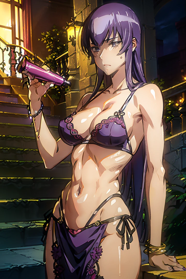 ((1girl, solo ,alone)), ((solo, 1woman, (busujima saeko, purple hair, long hair, purple eyes, pink lipstick, woman, lipstick), Extremely detailed, ambient soft lighting, 4k, perfect eyes, a perfect face, perfect lighting, a 1girl)), ((solo, (1woman, lipstick), Extremely detailed, ambient soft lighting, 4k, perfect eyes, a perfect face, perfect lighting, a 1girl)), , ((fitness,, shapely body, athletic body, toned body)), (( lace lingerie, leopard print lingerie, cleavage, mansion, staircase, wooden furniture, modern decoration, living room, emerald necklace, bracelets, mansion, wood, balcony, glass door, , posing))