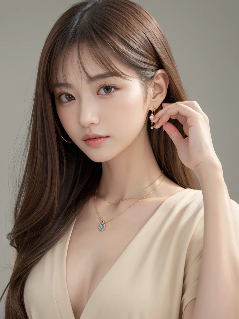  ((Highest quality, 8K, masterpiece:1.3)), concentrate: 1.2, Perfect body beauty: 1.4, Hips: 1.2, ((Long Hair, chest: 1.2)), (Dry clothes: 1.1) , (clear, Simple Background:1.3), Simple clothes: 1.1, Highly detailed face and skin texture,Delicate eyes, double eyelid, Whitened skin, Rough skin、Long Hair、Earrings with bangs、necklace、 solo、Beige coat、White shirt,  (((Beautiful girl with cute Japan)))、  ((Beautiful Japanese girl 20 years old))、 ((Baby Face))、 (((Slender body)))、  Upper Body，Face focus、necklace，Simple Background，From above， Realistic Hair、 A photograph was taken:Canon EOS R6、135mm、1/1250 seconds、f2.8、ISO400、(Detailed explanation of the hand)、(Masseter muscle area)、(Exquisite CG)、Long Hair, loose and curly hair、Korean Hair、Long Hair明るいベージュ色、グラデーションハイライトグレージュのゆるふわLong Hairスタイル、