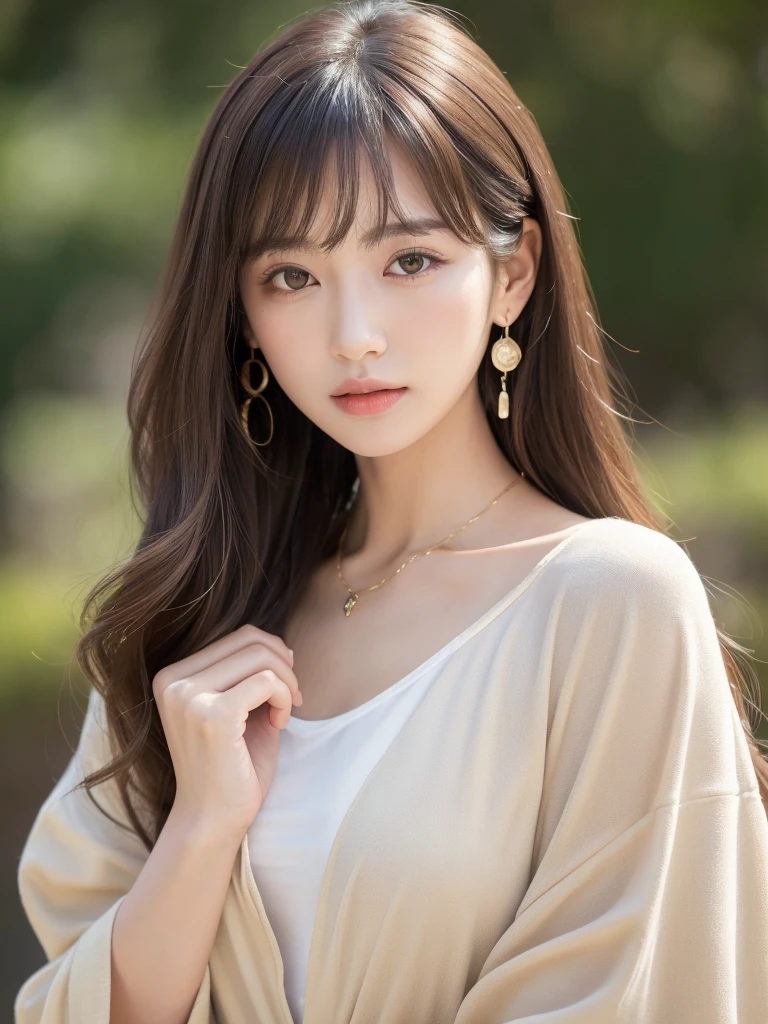  ((Highest quality, 8K, masterpiece:1.3)), concentrate: 1.2, Perfect body beauty: 1.4, Hips: 1.2, ((Long Hair, chest: 1.2)), (Dry clothes: 1.1) , (clear, Simple Background:1.3), Simple clothes: 1.1, Highly detailed face and skin texture,Delicate eyes, double eyelid, Whitened skin, Rough skin、Long Hair、Earrings with bangs、necklace、 solo、Beige coat、White shirt,  (((Beautiful girl with cute Japan)))、  ((Beautiful Japanese girl 20 years old))、 (())、 (((Slender body)))、  Upper Body，Face focus、necklace，Simple Background，From above， Realistic Hair、 A photograph was taken:Canon EOS R6、135mm、1/1250 seconds、f2.8、ISO400、(Detailed explanation of the hand)、(Masseter muscle area)、(Exquisite CG)、Long Hair, loose and curly hair、Korean Hair、Long Hair明るいベージュ色、グラデーションハイライトグレージュのゆるふわLong Hairスタイル、