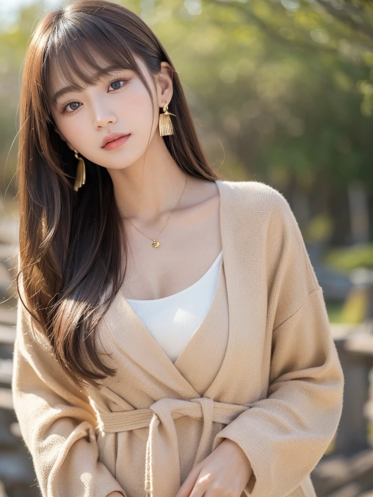 ((Highest quality, 8K, masterpiece:1.3)), concentrate: 1.2, Perfect body beauty: 1.4, Hips: 1.2, ((Long Hair, chest: 1.2)), (Dry clothes: 1.1) , (clear, Simple Background:1.3), Simple clothes: 1.1, Highly detailed face and skin texture,Delicate eyes, double eyelid, Whitened skin, Rough skin、Long Hair、Earrings with bangs、necklace、 solo、Beige coat、White shirt, (((Beautiful girl with cute Japan)))、 ((Beautiful Japanese girl 20 years old))、 ((Baby Face))、 (((Slender body)))、 Upper Body,Face focus、necklace,Simple Background,From above, Realistic Hair、 A photograph was taken:Canon EOS R6、135mm、1/1250 seconds、f2.8、ISO400、(Detailed explanation of the hand)、(Masseter muscle area)、(Exquisite CG)、Long Hair, loose and curly hair、Korean Hair、Long Hair明るいベージュ色、グラデーションハイライトグレージュのゆるふわLong Hairスタイル、