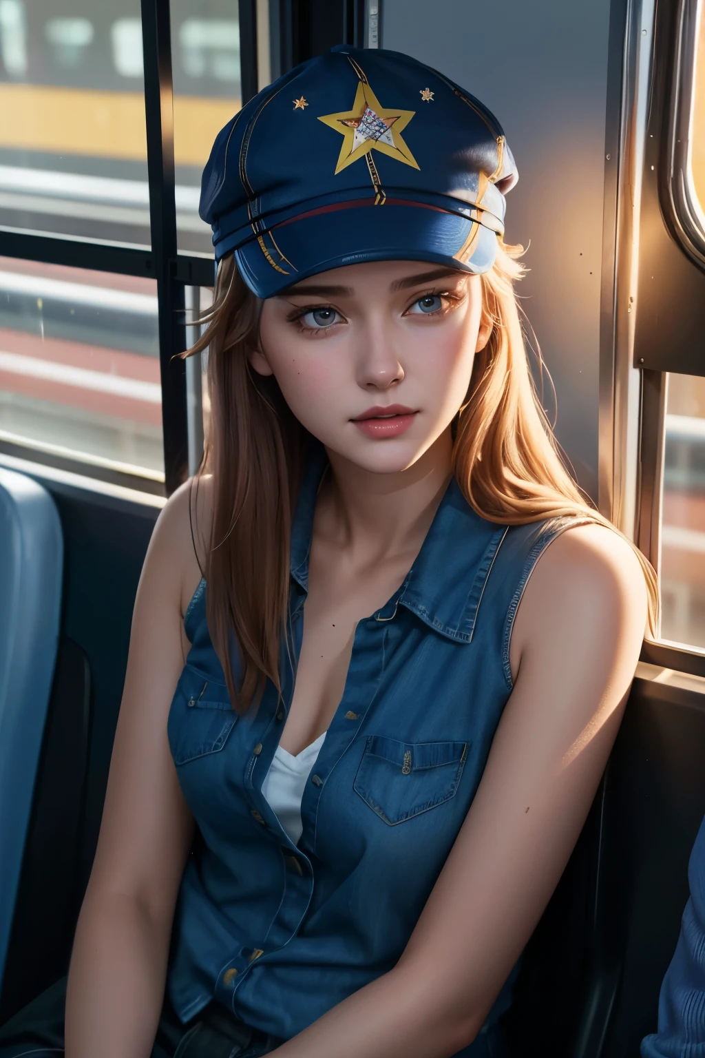 Australian actress girl, (22 years old), in the bus, evening, slender, cap, blushing expression, (from above view), (masterpiece, best quality, highly detailed, hyper realistic)