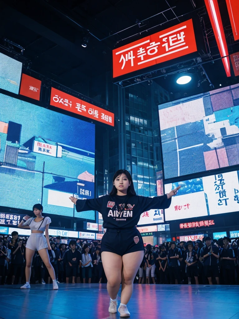 her name is Akira, high quality, 1girl, ((18-year-old chubby JAPANESE woman)), ((18 years old)), ((((CHUBBY BODY)))), SHORT BOB, pose: sitting, wearing stylish fashionable Generation-Z modern wear different colored, BACKGROUND: In the bustling Myeongdong district, where skyscrapers tower over traditional hanok houses, K-pop dancers perform energetic routines against a backdrop of futuristic LED screens.