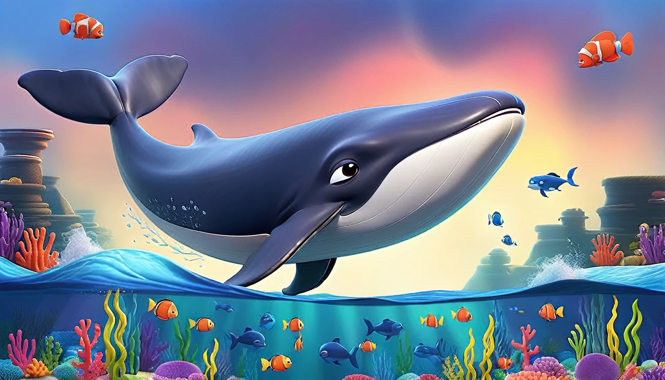 Create a 3-D Pixar style art scene for  featuring a whale surfacing to breathe air, showing its blowhole. The scene should be colorful and vibrant, with an ocean background, coral reefs, and schools of fish.The overall mood should be engaging and inviting for young children.