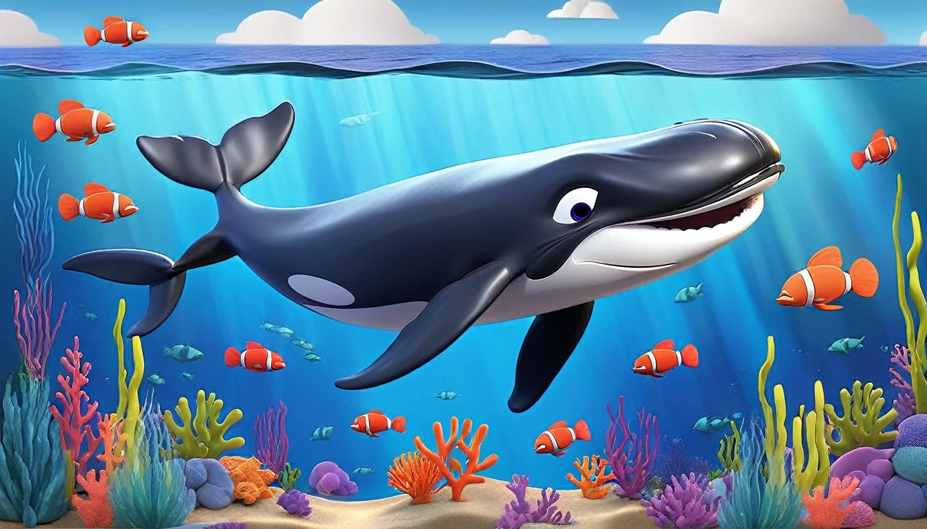 Create a 3-D Pixar style art scene for kids featuring a whale surfacing to breathe air, showing its blowhole. The scene should be colorful and vibrant, with an ocean background, coral reefs, and schools of fish.The overall mood should be engaging and inviting for young children.