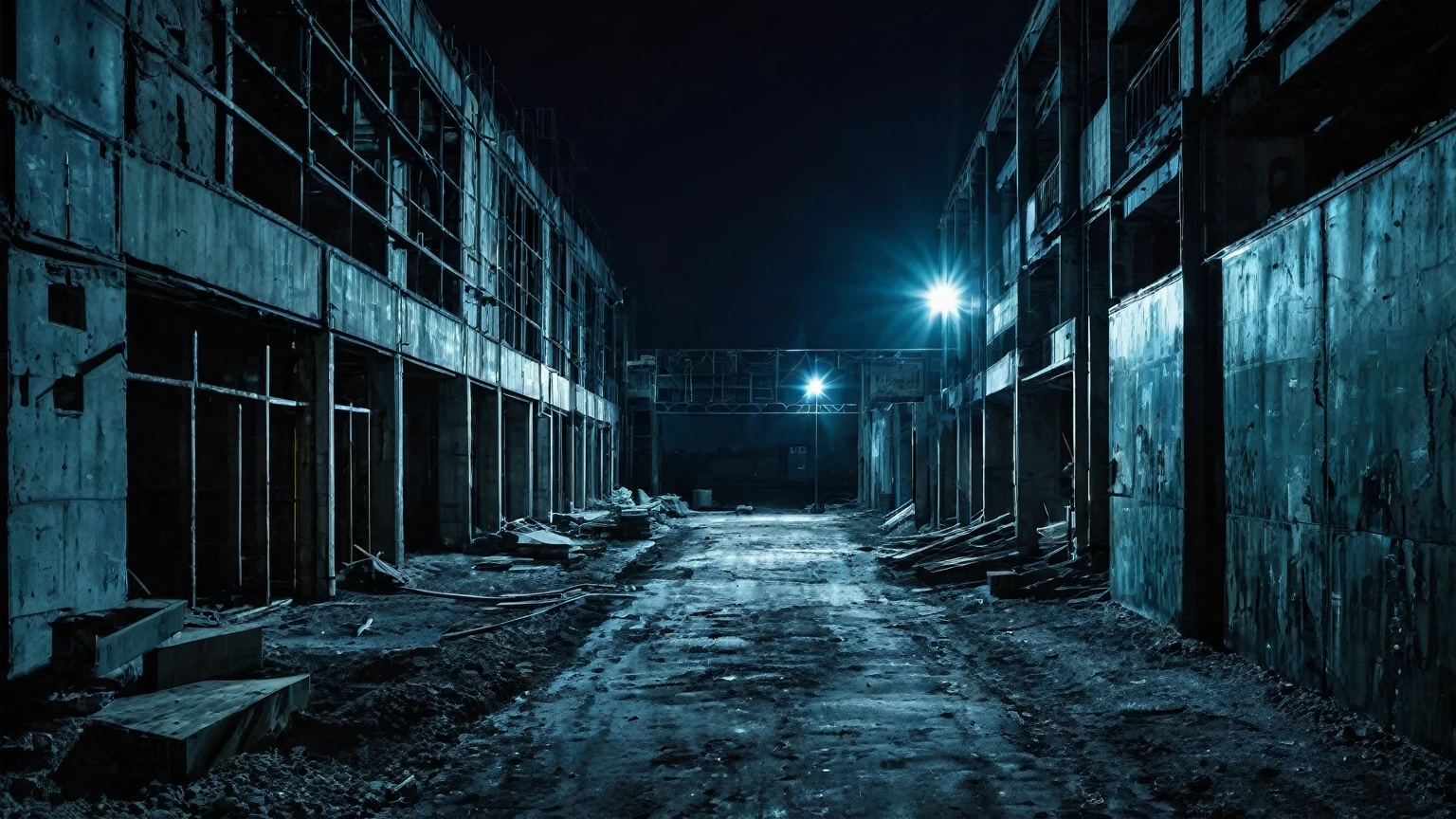 abandoned urban construction site at night time, dark urban alley, background