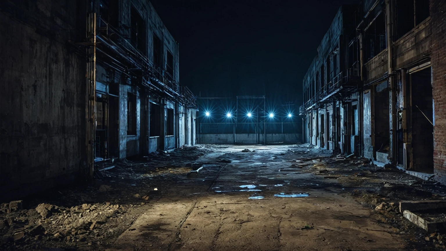 abandoned urban construction site at night time, dark urban alley, background