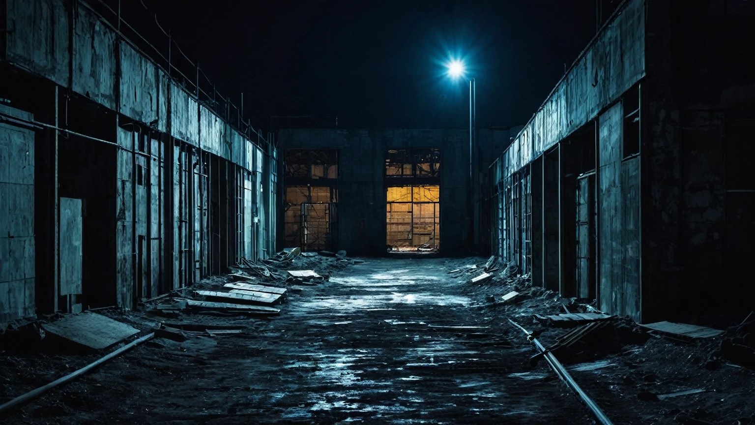 abandoned urban construction site at night time, dark urban alley, background