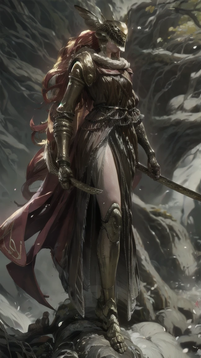 1 girl, ultra sharp image, beautiful figure, beautiful, full length (full body 1.1.), big tree in the background, slender legs, buttocks, slender legs, Wasp waist, sexy, fighting pose, fighting stance, only,helmet,light-skinned Женский, One, long curved sword in hand