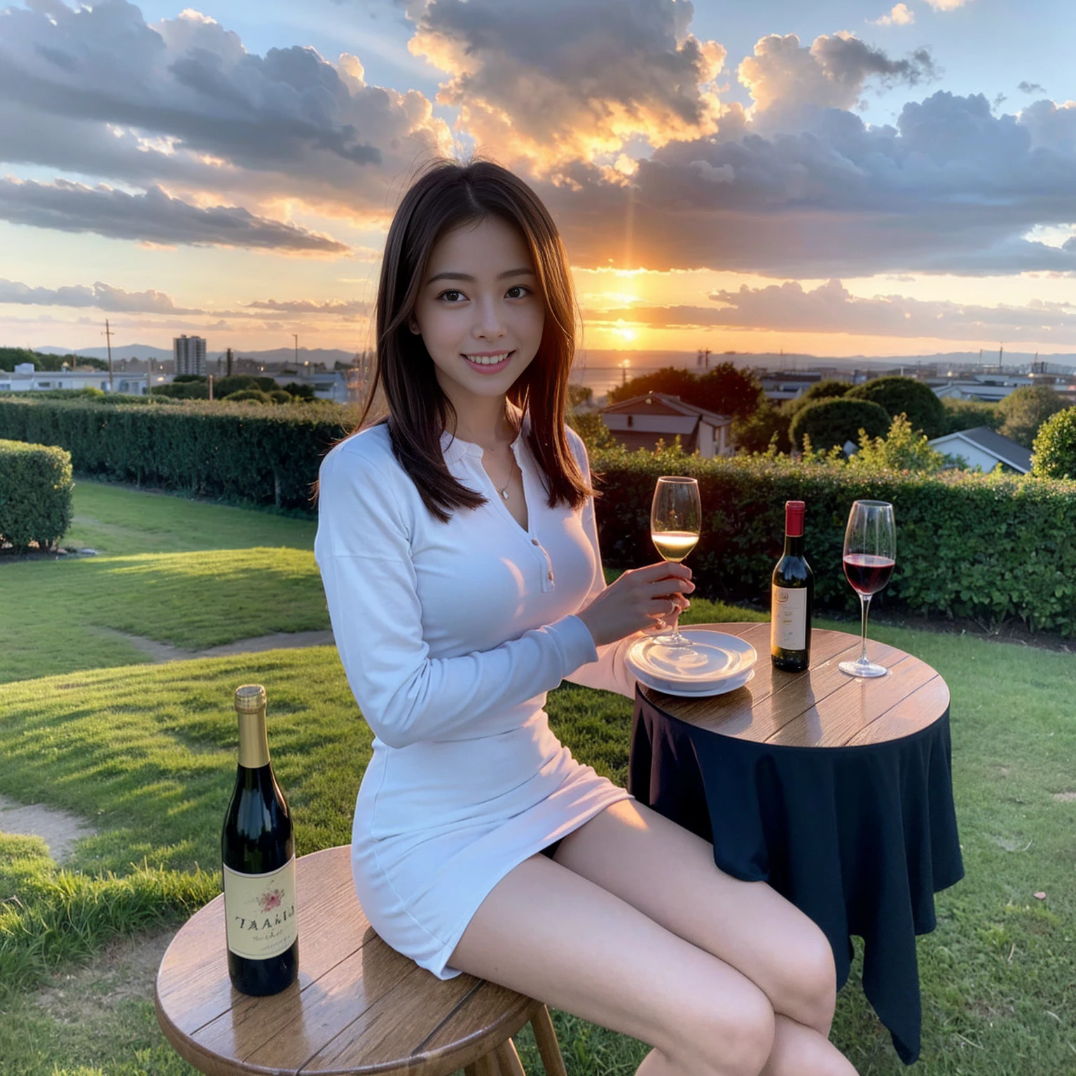 ((Highest quality、、masterpiece:1.3))、1 male 1 female、Satomi Ishihara、 44 years old、Slim Beauty、Pink Couple、smile、 (Slim face), (the body is スリム), (Brown Hair), (Shortcuts), テーブルのフルコースディナーとwine glass、Amazing view of the sunset sky and clouds、smileの美しさ、Wine bottle、sparkling wine、Long sleeve shirt、dress、White wine, red wine, wine glass, 