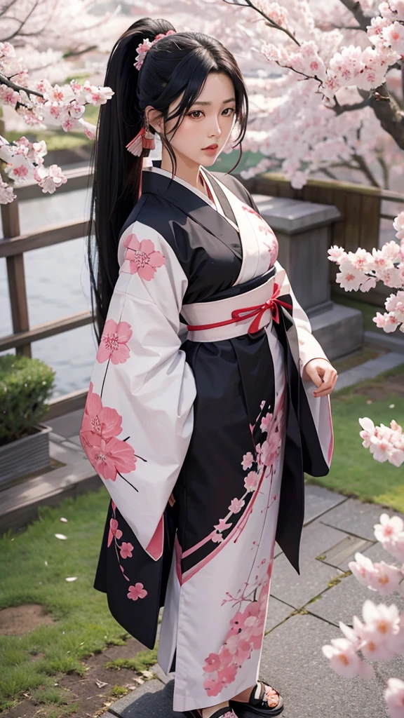 Sakura Jinguji in live action Sakura Wars Long black hair in a ponytail Large hair ribbon Sakura patterned kimono Japanese sword in right hand Full body