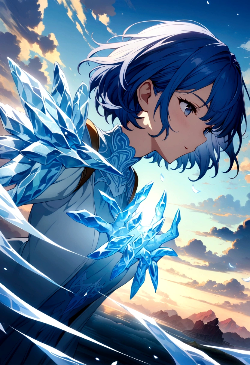 Masterpiece, highest quality, (highly detailed CG Unity 8k wallpaper) (highest quality), (best illustration), (best shadow) nature', sky, clouds, delicate leaf petals falling in the light of the air Tracking, ultra detailed Male, Blue hair, Ice magic, short hair.