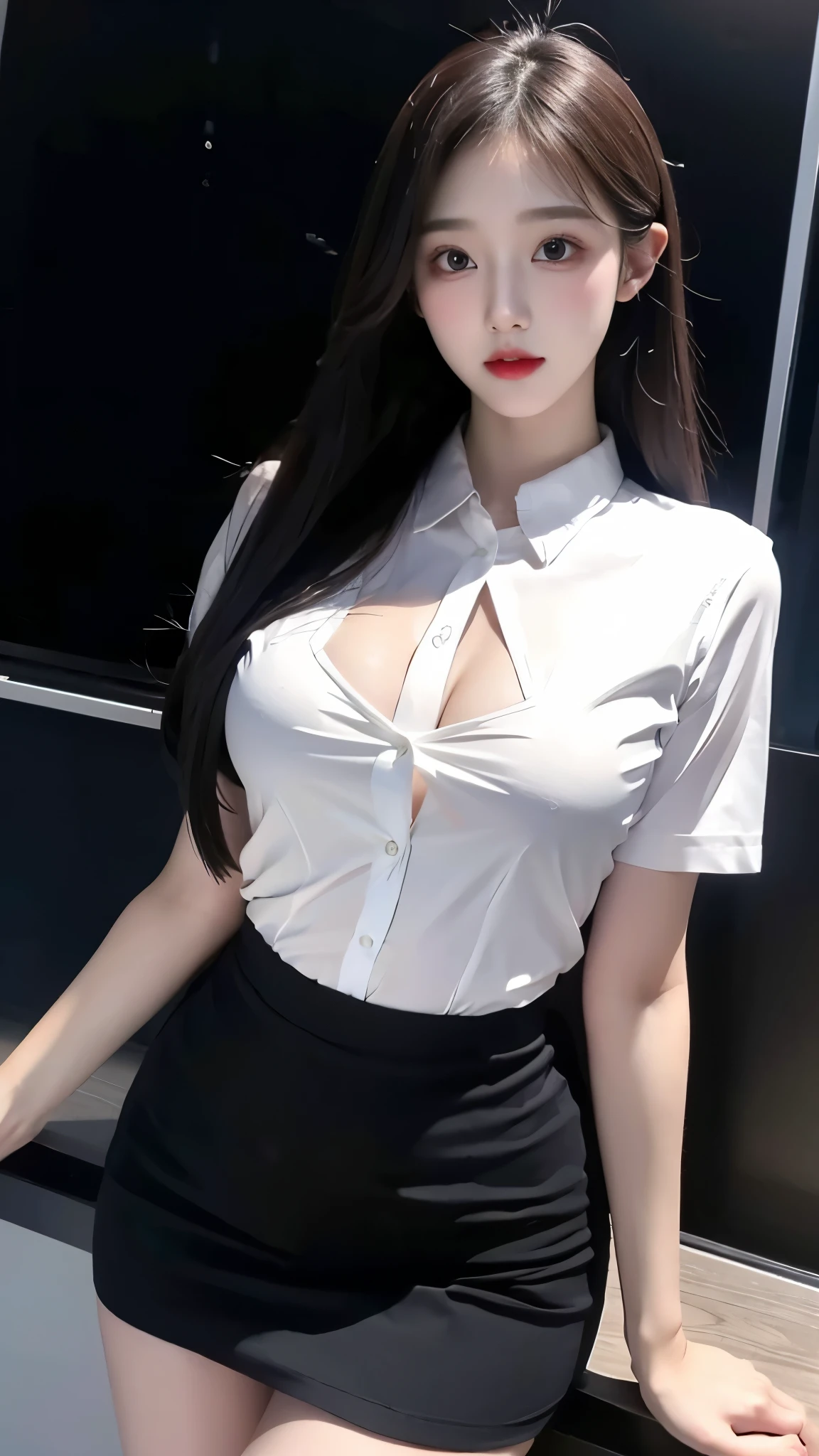 ((Best quality, 8k, Masterpiece :1.1)), Sharp focus :1.2, A Pretty Girl with perfect figure :1.4, Slender abs :1.2, ((Layered long hair, Big breasts :1.2)), (White tight shirt :1.3), office wear, mini black tight skirt (Sultry) ((Aroused: 1.5)), night: 1.5, Supper beautiful face, Supper beautiful eyes,  ((detailed face)), ((detailed eyes)) ((detailed office uniform)), ((detailed clothing)), ((detailed pantyhose)), revealing cleavage  , Rain :1.5, Street:1.3, Highly detailed face and skin texture, Detailed eyes, Double eyelid