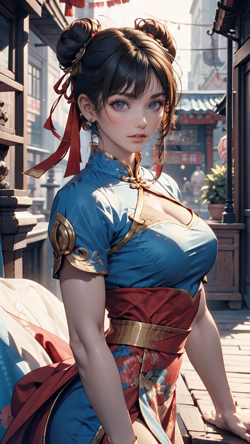 Chun-Li from Street Fighter 2、Wearing a blue Chinese dress、Toned body、Bun Hair