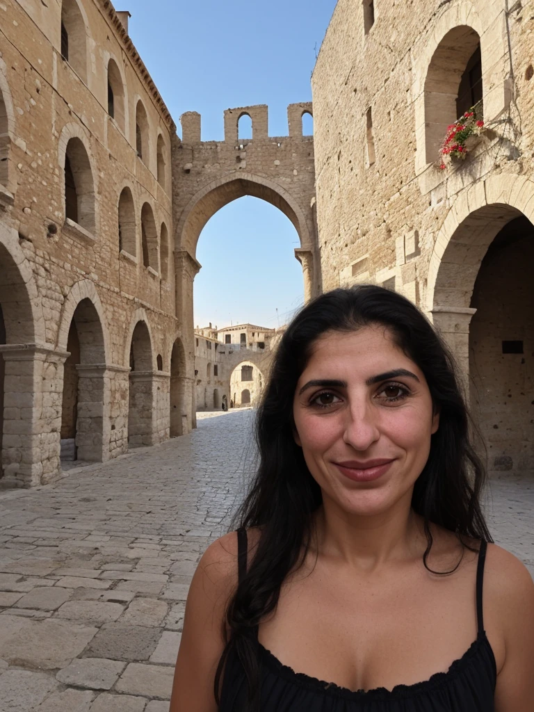her name is Fatima, a middle-aged Syrian woman, (((snub nose))), (30 years old), (wrinkles), 1girl, solo, (black long hair), smile, wearing sundress outside warm weather A Venetian-era fortress with impressive walls and towers, wide shot, upper body and upper legs