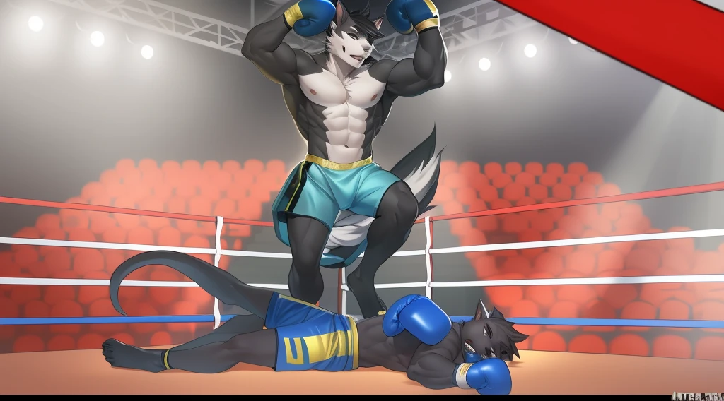 a detailed picture of a boxing match (one male anthros), slim body, slim features, in a boxing ring, Ross Tran, ruan jia, trending on artstation,  from side