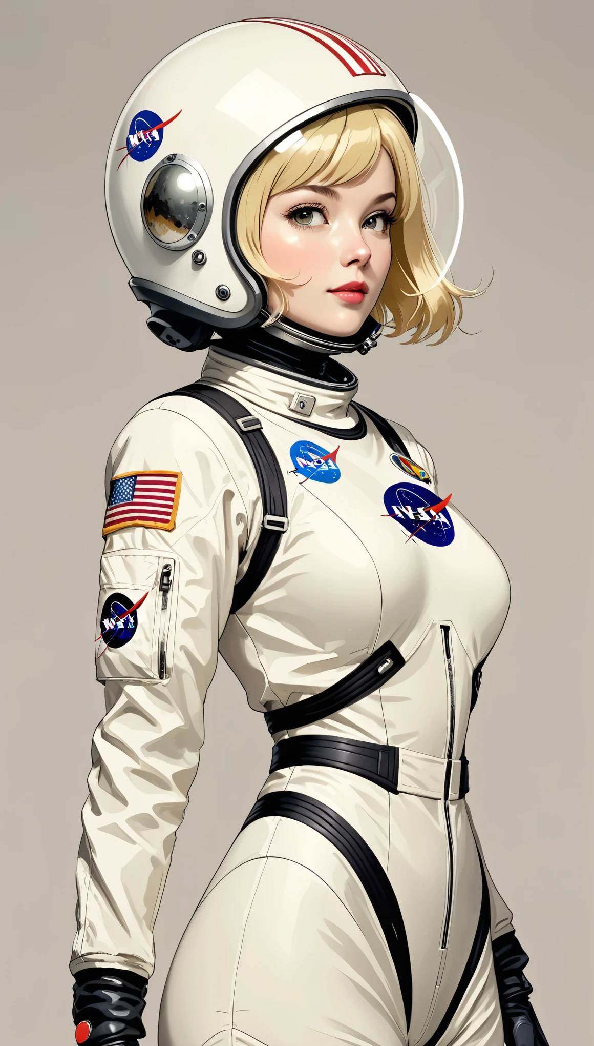 monochromatic、22 years old、woman、Moderate bust、Simple Background、solo、slender、1 person、Superpowers、Small parts floating in the air、Blonde、Bobcut、Upper Body、Retro spacesuit、nasa、Holding a helmet