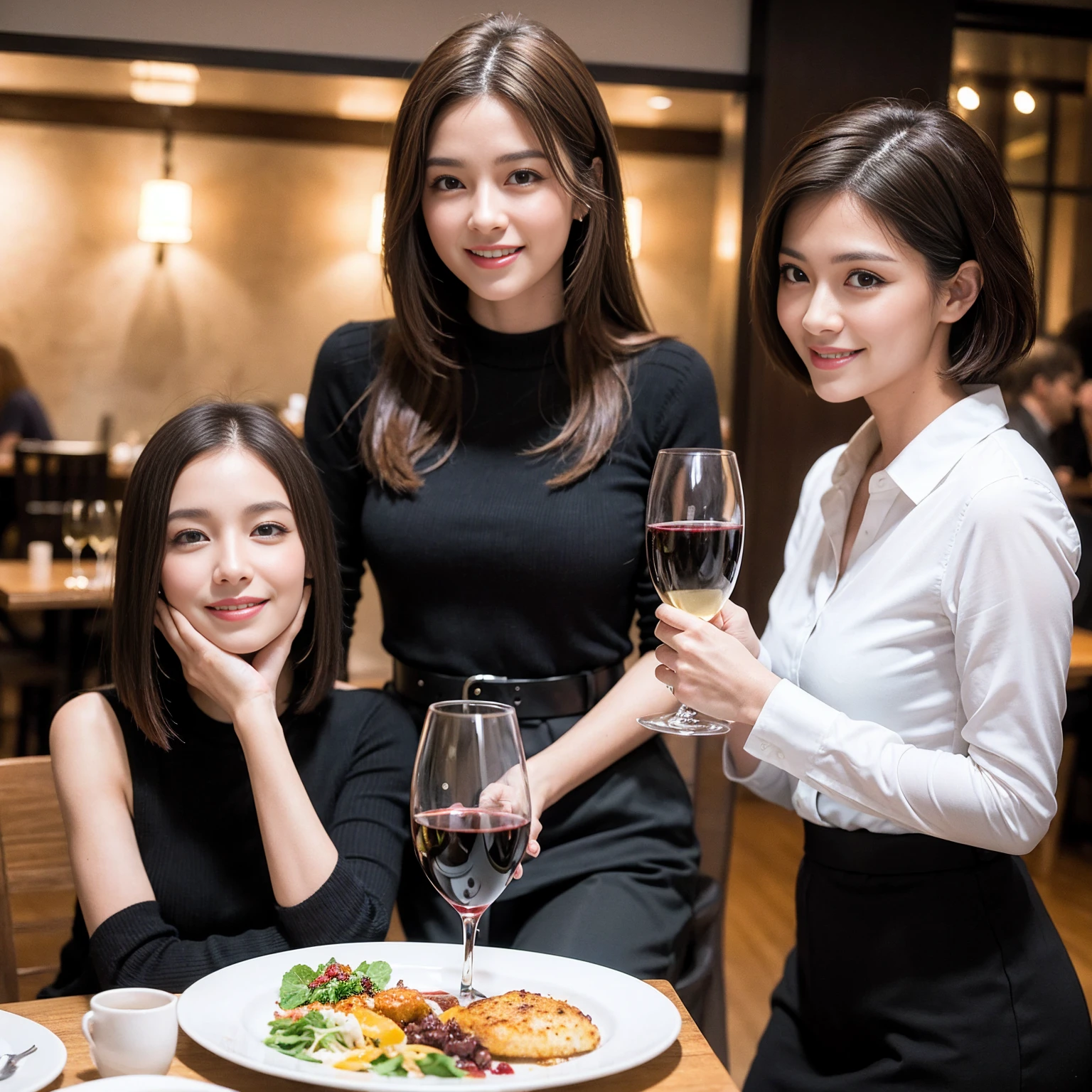 ((Highest quality、8K、masterpiece:1.3))、slimカップル、modelカップル、(Realistic, Intricate details:1.2), full-course dinner、Wine Party、Amazing view of the sunset sky and clouds、A bright smile、The wonderfulness of smile、Bright image、The beauty of wine, Beautiful Face, blue eyes, The light shines on your face, Blushing, short hair,Bright Face、 (Age 37), 39 years old, red wine 、Appetizers、Italian food、Wine bottle、Champagne、sparkling wine、Two beauties、Brown Hair、Shortcuts、Long sleeve shirt、dress、Beautiful woman 1, (slimな顔), (The body is slim), (Brown Hair), (Shortcuts), cheeks turn a little red,Attractive beauty、restaurant, In a prominent place (From the waist up) Nova Frog Style, actress, model, Upper Body, White wine, slim, wine glass, 中央に置かれたwine glass, smile, (smile: 1.15), Beautiful fine grain, Depth f/2,saturation, High Contrast, Strong light and shadow,Moist Body:1.5、3D texture、Delicate eyes、Brown Hair、The hair is very shiny、