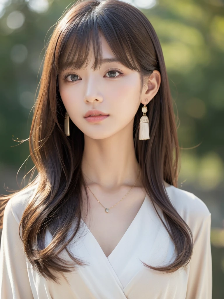  ((Highest quality, 8K, masterpiece:1.3)), concentrate: 1.2, Perfect body beauty: 1.4, Hips: 1.2, ((Long Hair, chest: 1.2)), (Dry clothes: 1.1) , (clear, Simple Background:1.3), Simple clothes: 1.1, Highly detailed face and skin texture,Delicate eyes, double eyelid, Whitened skin, Rough skin、Long Hair、Earrings with bangs、necklace、 solo、Beige coat、White shirt,  (((Beautiful girl with cute Japan)))、  ((Beautiful Japanese girl 20 years old))、 ((Baby Face))、 (((Slender body)))、  Upper Body，Face focus、necklace，Simple Background，From above， Realistic Hair、 A photograph was taken:Canon EOS R6、135mm、1/1250 seconds、f2.8、ISO400、(Detailed explanation of the hand)、(Masseter muscle area)、(Exquisite CG)、Long Hair, loose and curly hair、Korean Hair、Long Hair明るいベージュ色、グラデーションハイライトグレージュのゆるふわLong Hairスタイル、