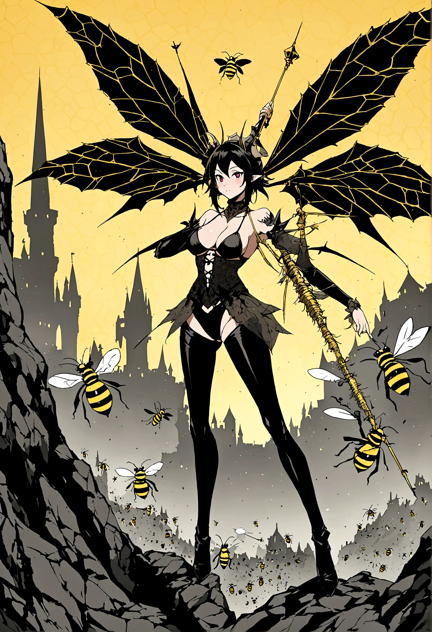 Anime Style.Fantasy World.Female Demon of the Demon King&#39;s Army.pretty girl.Has the abilities of a bee.There&#39;s a bee stinger on his ass.The bikini is the motif of a bee.Has a big needle weapon.The background is Devil's Castle