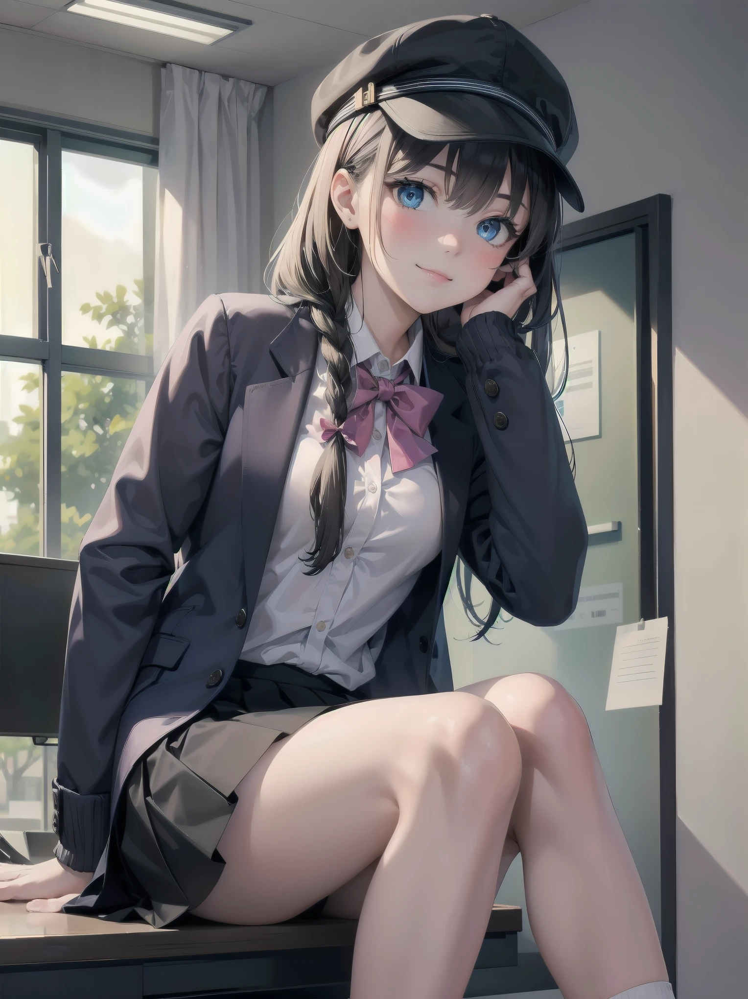 Masterpiece of detail, top quality, 1 girl, solo, 25 years old, 140cm, flat, tiny tits, silky textured hair, medium length, braids, two color mesh, realistic eyes, great looks , neat, up close, closed_mouth, smile, blush, shy, matching hat, hat, pink bow tie, , blue jacket, jacket, skirt, gray pleated skirt, cutter shirt, white shirt, legs, black socks, sitting, office, hair_ornament, looking_at_viewer, beautiful detailed eyes, mesmerizing gesture, seduction, professional effects, inviting, natural princess, receptionist, corporate building