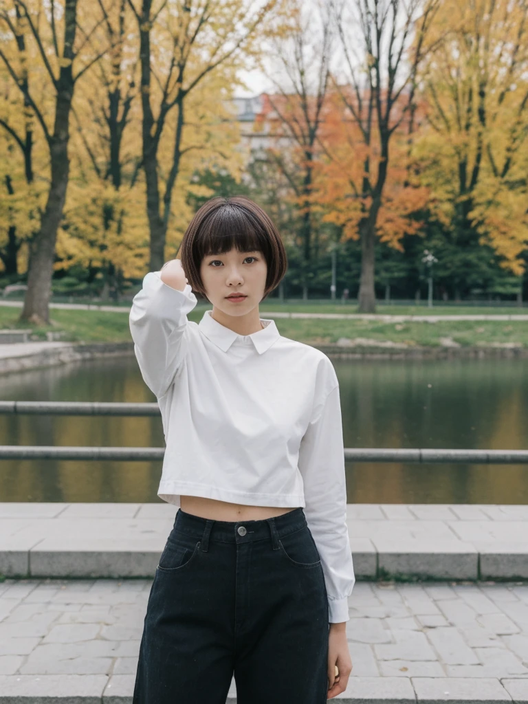 her name is Asako, high quality, 1girl, ((20-year-old fit Caucasian woman)), ((20 years old)), ((slim)), ((Edgy Bowl Cut hair)), pose: standing, wearing edgy Generation-Z modern wear bright colored, BACKGROUND:In the Letná Park, with panoramic views of the Vltava River and the historic city center