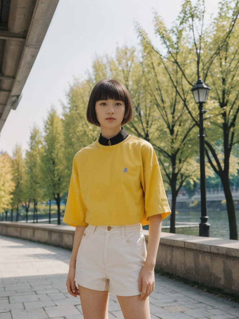 her name is Asako, high quality, 1girl, ((20-year-old fit Caucasian woman)), ((20 years old)), ((slim)), ((Edgy Bowl Cut hair)), pose: standing, wearing edgy Generation-Z modern wear bright colored, BACKGROUND:In the Letná Park, with panoramic views of the Vltava River and the historic city center