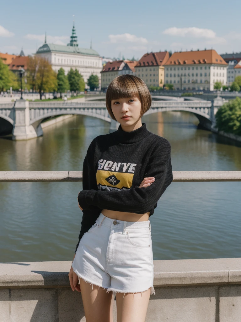 her name is Asako, high quality, 1girl, ((20-year-old fit Caucasian woman)), ((20 years old)), ((slim)), ((Edgy Bowl Cut hair)), pose: standing, wearing edgy Generation-Z modern wear bright colored, BACKGROUND:In the Letná Park, with panoramic views of the Vltava River and the historic city center