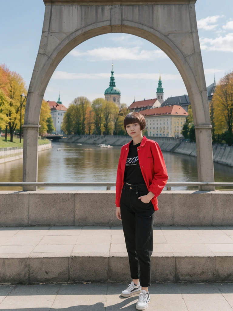 her name is Asako, high quality, 1girl, ((20-year-old fit Caucasian woman)), ((20 years old)), ((slim)), ((Edgy Bowl Cut hair)), pose: standing, wearing edgy Generation-Z modern wear bright colored, BACKGROUND:In the Letná Park, with panoramic views of the Vltava River and the historic city center