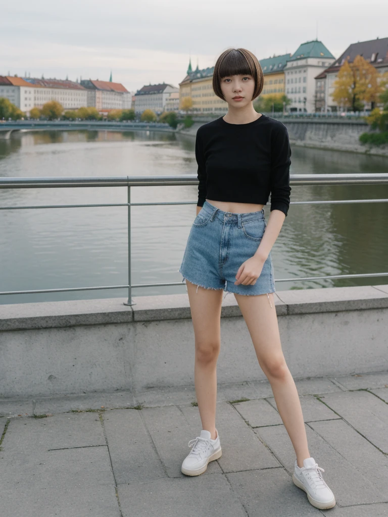 her name is Asako, high quality, 1girl, ((20-year-old fit Caucasian woman)), ((20 years old)), ((slim)), ((Edgy Bowl Cut hair)), pose: standing, wearing edgy Generation-Z modern wear bright colored, BACKGROUND:In the Letná Park, with panoramic views of the Vltava River and the historic city center