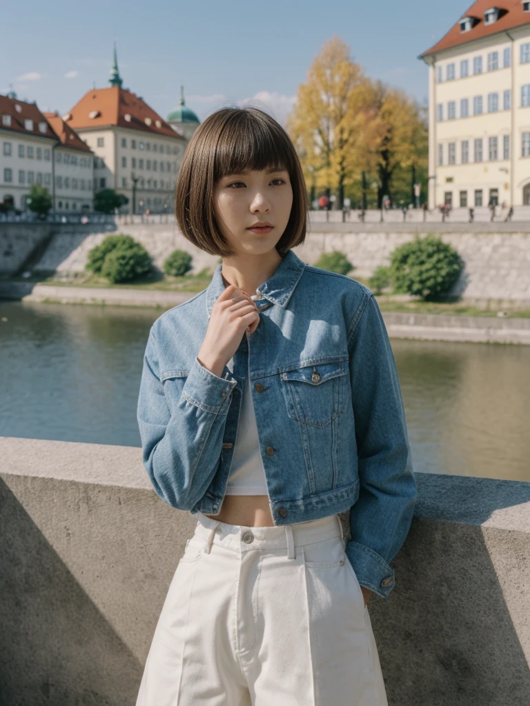 her name is Asako, high quality, 1girl, ((20-year-old fit Caucasian woman)), ((20 years old)), ((slim)), ((Edgy Bowl Cut hair)), pose: standing, wearing edgy Generation-Z modern wear bright colored, BACKGROUND:In the Letná Park, with panoramic views of the Vltava River and the historic city center