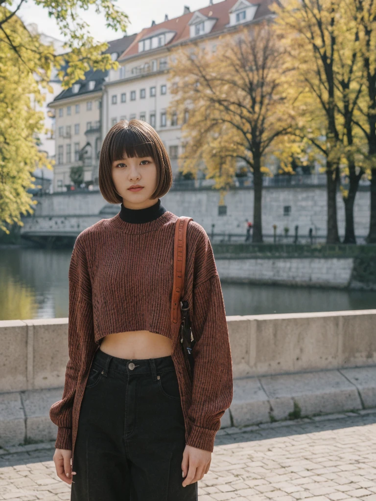 her name is Asako, high quality, 1girl, ((20-year-old fit Caucasian woman)), ((20 years old)), ((slim)), ((Edgy Bowl Cut hair)), pose: standing, wearing edgy Generation-Z modern wear bright colored, BACKGROUND:In the Letná Park, with panoramic views of the Vltava River and the historic city center