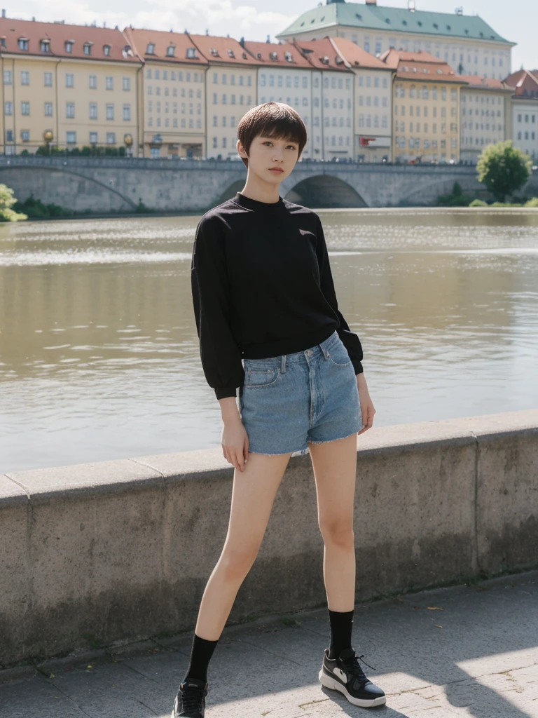 her name is Asako, high quality, 1girl, ((20-year-old fit Caucasian woman)), ((20 years old)), ((slim)), ((Edgy Bowl Cut hair)), pose: standing, wearing edgy Generation-Z modern wear bright colored, BACKGROUND:In the Letná Park, with panoramic views of the Vltava River and the historic city center