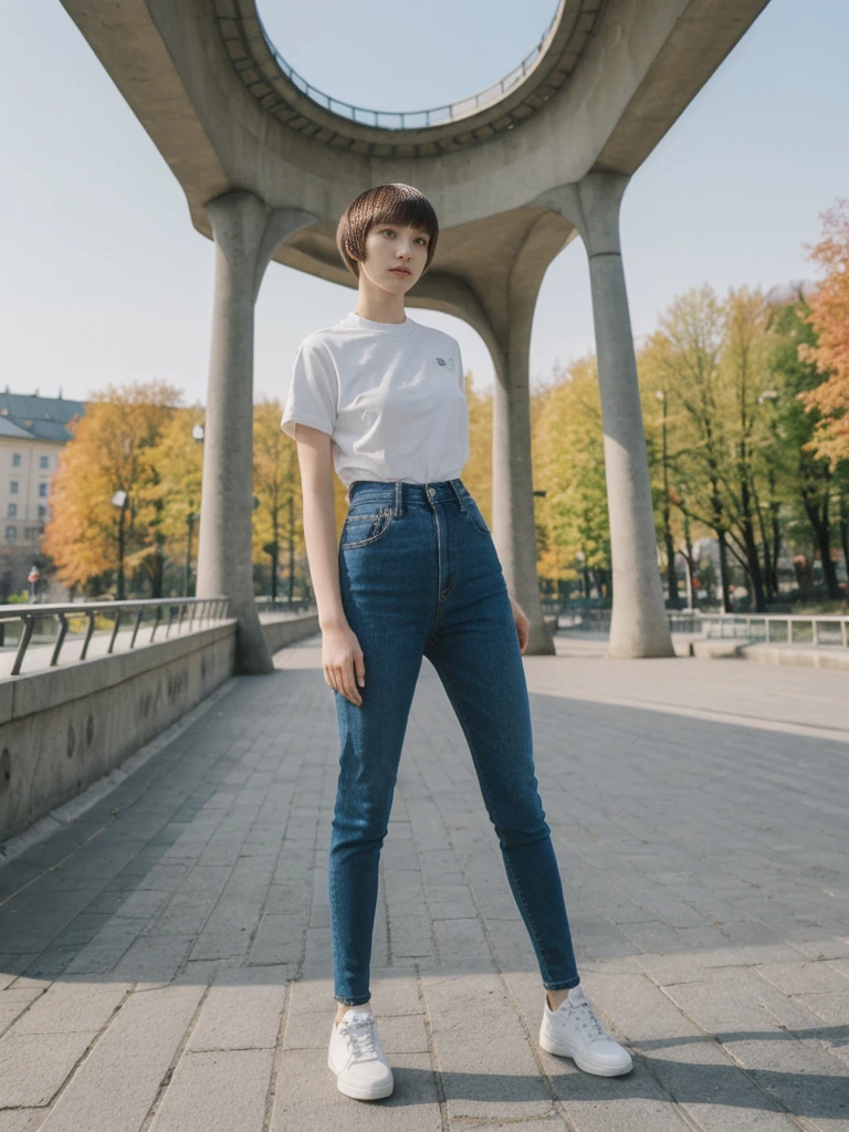 her name is Asako, high quality, 1girl, ((20-year-old fit Caucasian woman)), ((20 years old)), ((slim)), ((Edgy Bowl Cut hair)), pose: standing, wearing edgy Generation-Z modern wear bright colored, BACKGROUND:In the Letná Park, with panoramic views of the Vltava River and the historic city center