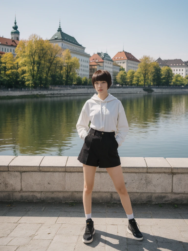 her name is Asako, high quality, 1girl, ((20-year-old fit Caucasian woman)), ((20 years old)), ((slim)), ((Edgy Bowl Cut hair)), pose: standing, wearing edgy Generation-Z modern wear bright colored, BACKGROUND:In the Letná Park, with panoramic views of the Vltava River and the historic city center