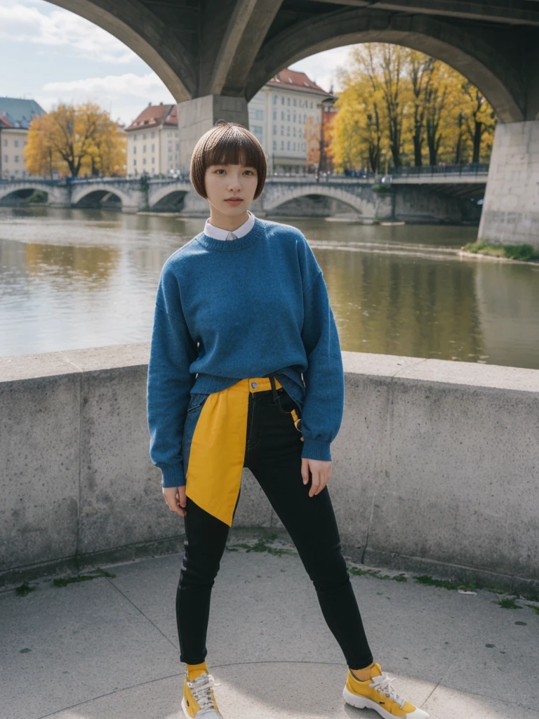 her name is Asako, high quality, 1girl, ((20-year-old fit Caucasian woman)), ((20 years old)), ((slim)), ((Edgy Bowl Cut hair)), pose: standing, wearing edgy Generation-Z modern wear bright colored, BACKGROUND:In the Letná Park, with panoramic views of the Vltava River and the historic city center