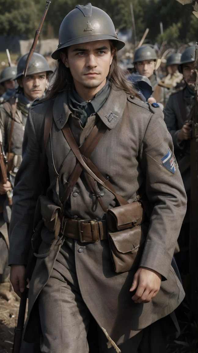 (masterpiece), best quality, expressive eyes, perfect face, All quiet on western Front, man, trenches, dirty, uniform, realistic, HD, Rifle, Orlando Bloom, big bag, French army, regiment, France, defending position, pov, Far view