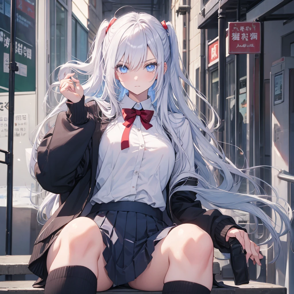 Silver Hair、Blue Eyes、Beautiful high school girl。uniform、Knee socks、