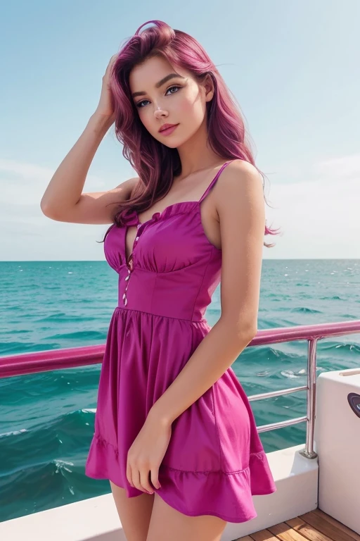 a beautifull girl standing on a sea sore . she has a faire white skin with a nice hair , an attractive face & lovely lips , wear a magenta color dress , she pose her hands on her hair like seeing to cute & hot.