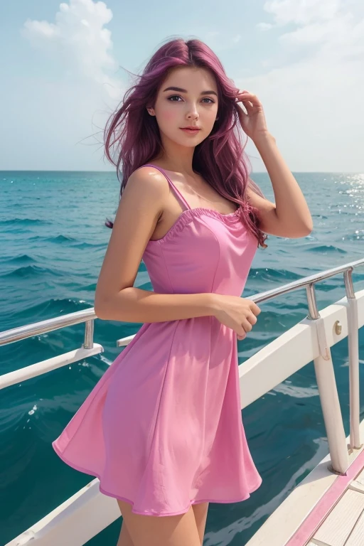 a beautifull girl standing on a sea sore . she has a faire white skin with a nice hair , an attractive face & lovely lips , wear a magenta color dress , she pose her hands on her hair like seeing to cute & hot.