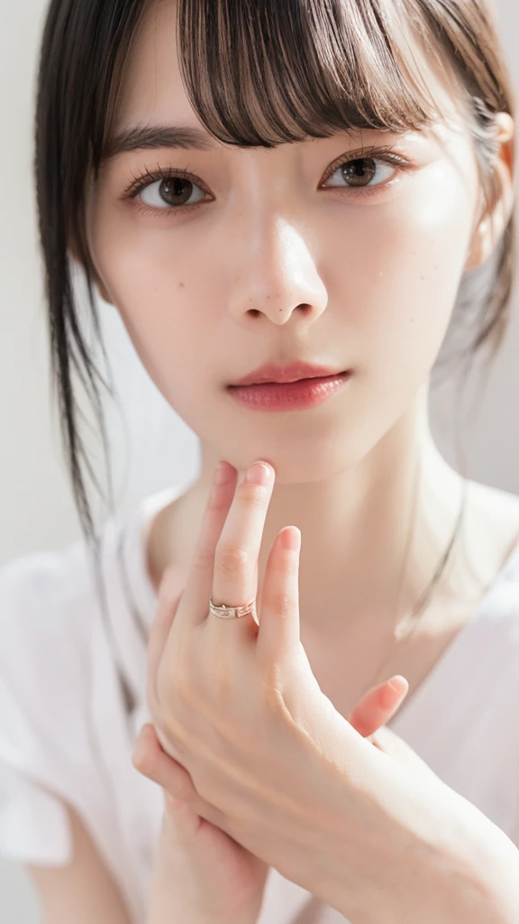 (((Extremely detailed、Ultra-high resolution、masterpiece、Highest quality)))、顔のUltra-high resolutionクローズアップ、long, straight black hair、So that every single hair is clearly visible、The subtle color changes of hair depending on how the light hits it、 The skin is white and smooth、Skin has a natural glow、Fine skin texture、Representing the fine details of pores、Details of the light redness on the forehead and cheeks、The eyes are almond-shaped and dark brown.、Eyes with fine iris details、The eyes depict color gradations and patterns.、Long, natural-looking eyelashes, each and every one visible、Well-groomed eyebrows、眉毛のindivual々The hair is clearly visible、Light reflecting off into the eye、The light in the eyes creates small highlights、The nose is delicate、Fine detail on the nostrils、Lips are plump and naturally pink、Depicts the fine lines and soft curves of the lips、lips are shiny and、The gloss on your lips accentuates their shape.、(((Detailed depiction of lip texture、Particular attention to the depiction of light and shadow、Soft natural light gently illuminates the face from the front、A faint glow on the forehead、A slight shine on the nose、A slight glow on the cheeks、Shadows are cast softly along the contours of the face、Accentuate the sides of your cheekbones、Accentuate the sides of the jawline、Emphasize the sides of the nose、The gloss on her lips reflects the light faintly、Lips emphasize the plump texture、The shadow of the hair gives depth and dimension、indivual々The hair shines in the light、The background is simple and blurred.、Focus on the face