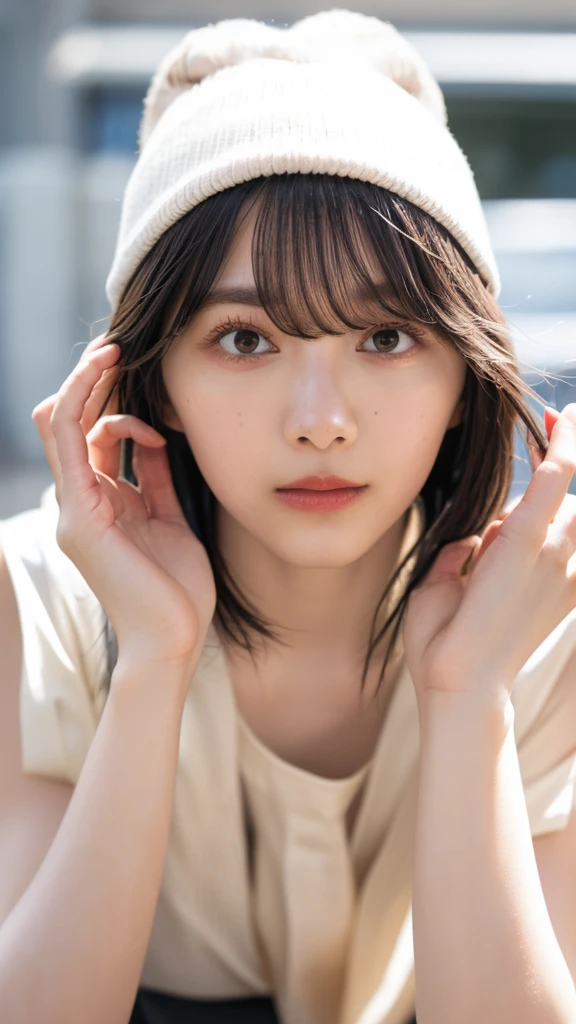 (((Extremely detailed、Ultra-high resolution、masterpiece、Highest quality)))、顔のUltra-high resolutionクローズアップ、long, straight black hair、So that every single hair is clearly visible、The subtle color changes of hair depending on how the light hits it、 The skin is white and smooth、Skin has a natural glow、Fine skin texture、Representing the fine details of pores、Details of the light redness on the forehead and cheeks、The eyes are almond-shaped and dark brown.、Eyes with fine iris details、The eyes depict color gradations and patterns.、Long, natural-looking eyelashes, each and every one visible、Well-groomed eyebrows、眉毛のindivual々The hair is clearly visible、Light reflecting off into the eye、The light in the eyes creates small highlights、The nose is delicate、Fine detail on the nostrils、Lips are plump and naturally pink、Depicts the fine lines and soft curves of the lips、lips are shiny and、The gloss on your lips accentuates their shape.、(((Detailed depiction of lip texture、Particular attention to the depiction of light and shadow、Soft natural light gently illuminates the face from the front、A faint glow on the forehead、A slight shine on the nose、A slight glow on the cheeks、Shadows are cast softly along the contours of the face、Accentuate the sides of your cheekbones、Accentuate the sides of the jawline、Emphasize the sides of the nose、The gloss on her lips reflects the light faintly、Lips emphasize the plump texture、The shadow of the hair gives depth and dimension、indivual々The hair shines in the light、The background is simple and blurred.、Focus on the face