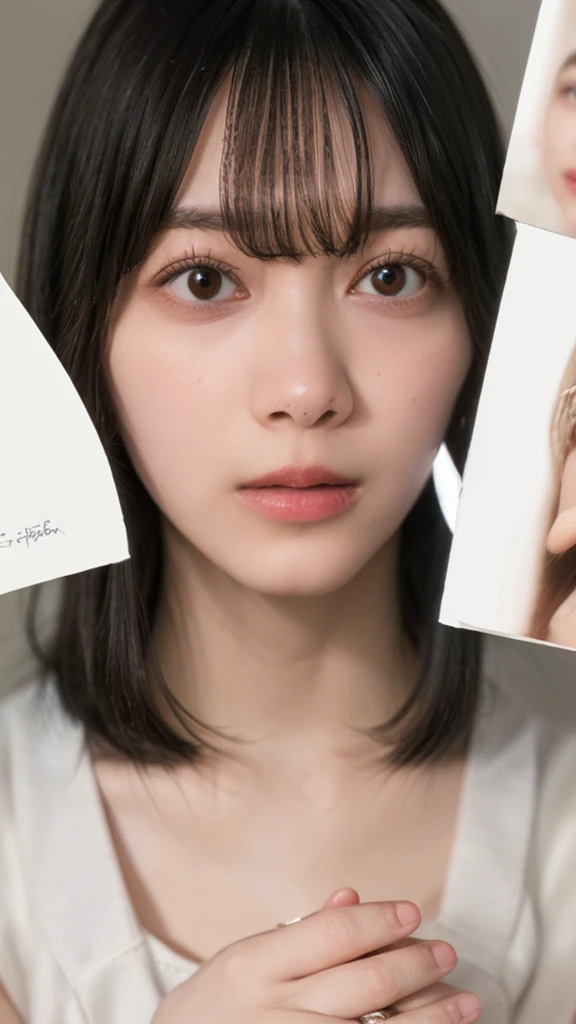 (((Extremely detailed、Ultra-high resolution、masterpiece、Highest quality)))、顔のUltra-high resolutionクローズアップ、long, straight black hair、So that every single hair is clearly visible、The subtle color changes of hair depending on how the light hits it、 The skin is white and smooth、Skin has a natural glow、Fine skin texture、Representing the fine details of pores、Details of the light redness on the forehead and cheeks、The eyes are almond-shaped and dark brown.、Eyes with fine iris details、The eyes depict color gradations and patterns.、Long, natural-looking eyelashes, each and every one visible、Well-groomed eyebrows、眉毛のindivual々The hair is clearly visible、Light reflecting off into the eye、The light in the eyes creates small highlights、The nose is delicate、Fine detail on the nostrils、Lips are plump and naturally pink、Depicts the fine lines and soft curves of the lips、lips are shiny and、The gloss on your lips accentuates their shape.、(((Detailed depiction of lip texture、Particular attention to the depiction of light and shadow、Soft natural light gently illuminates the face from the front、A faint glow on the forehead、A slight shine on the nose、A slight glow on the cheeks、Shadows are cast softly along the contours of the face、Accentuate the sides of your cheekbones、Accentuate the sides of the jawline、Emphasize the sides of the nose、The gloss on her lips reflects the light faintly、Lips emphasize the plump texture、The shadow of the hair gives depth and dimension、indivual々The hair shines in the light、The background is simple and blurred.、Focus on the face