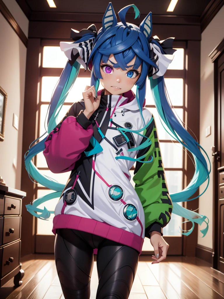 (masterpiece、top-quality、hight resolution、Unity 8k Wallpaper、extremely details CG:1), In an empty private room, a female cosplayer poses seductively. She is dressed in an intricate and detailed costume that mimics her character, complete with accessories. The simplicity and lack of other distractions in the room emphasize her sexually alluring costume and pose. The lighting highlights the details of her figure and costume and captures the essence of cosplay. Twin_turbo_umamusume,aqua hair, twintails, heterochromia, purple eyes, blue eyes, sharp teeth, small breasts, multicolored hoodie, black leggings, smugness, nsfw